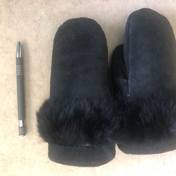 Black cashmere Trimmed leather wool Mittens - Picture 1 of 3